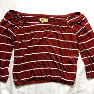 Hollister Maroon Striped Off The Shoulder Top